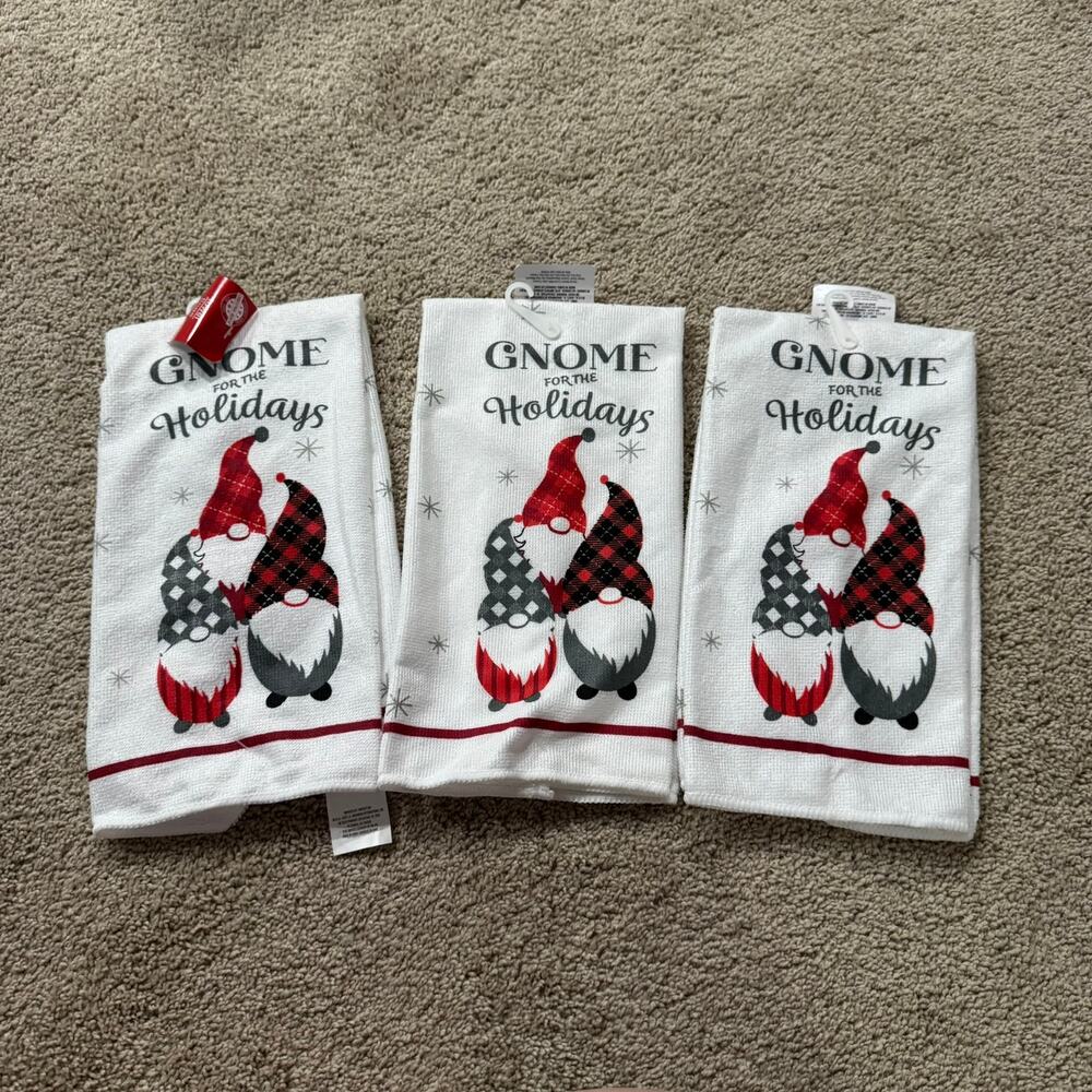 NEW Set of 3 Gnome of the Holidays Kitchen Hand Towels Buffalo Plaid Microfiber